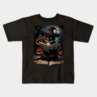 Scary Halloween Witch Cat Kids T-Shirt